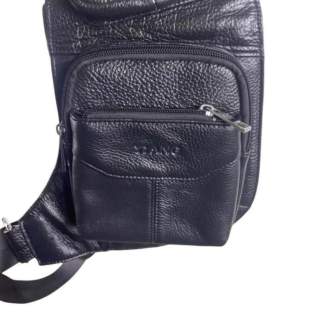Yi Ang Men’s Black Faux Leather Multiple Zipper Pockets Crossbody Sling Bag